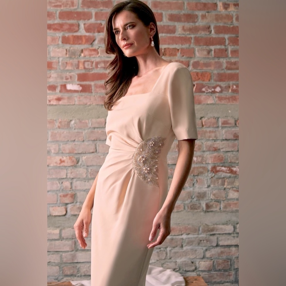 JS Collections Ashley Draped Column Gown in Champagne - Picture 3 of 16